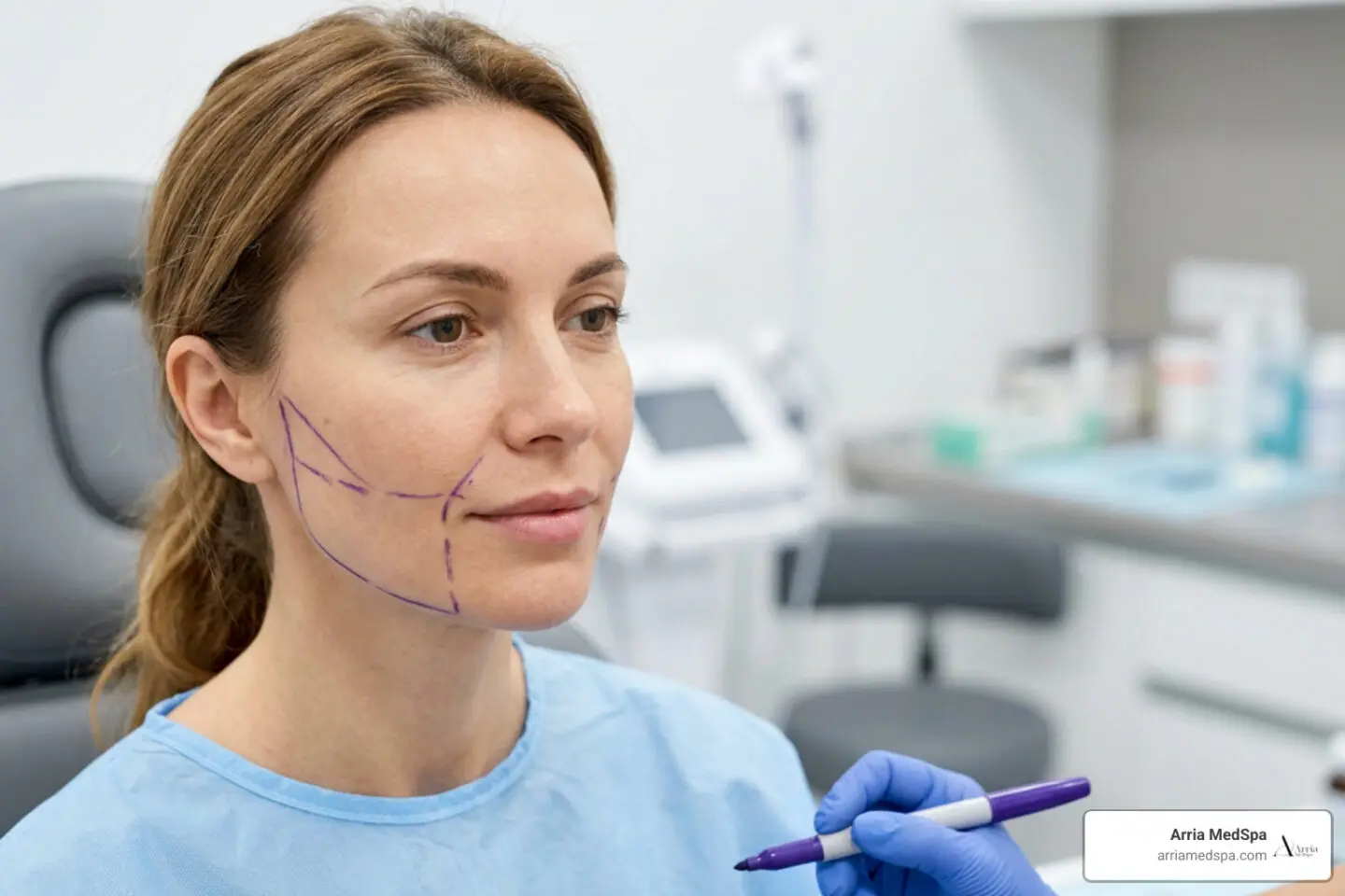 Cheek and jawline contouring injection mapping on patient face