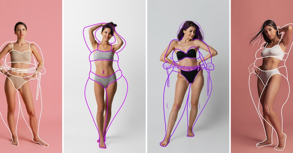 outline of 4 girls bodies, concept of Non-Surgical vs. Surgical Cosmetic Procedures
