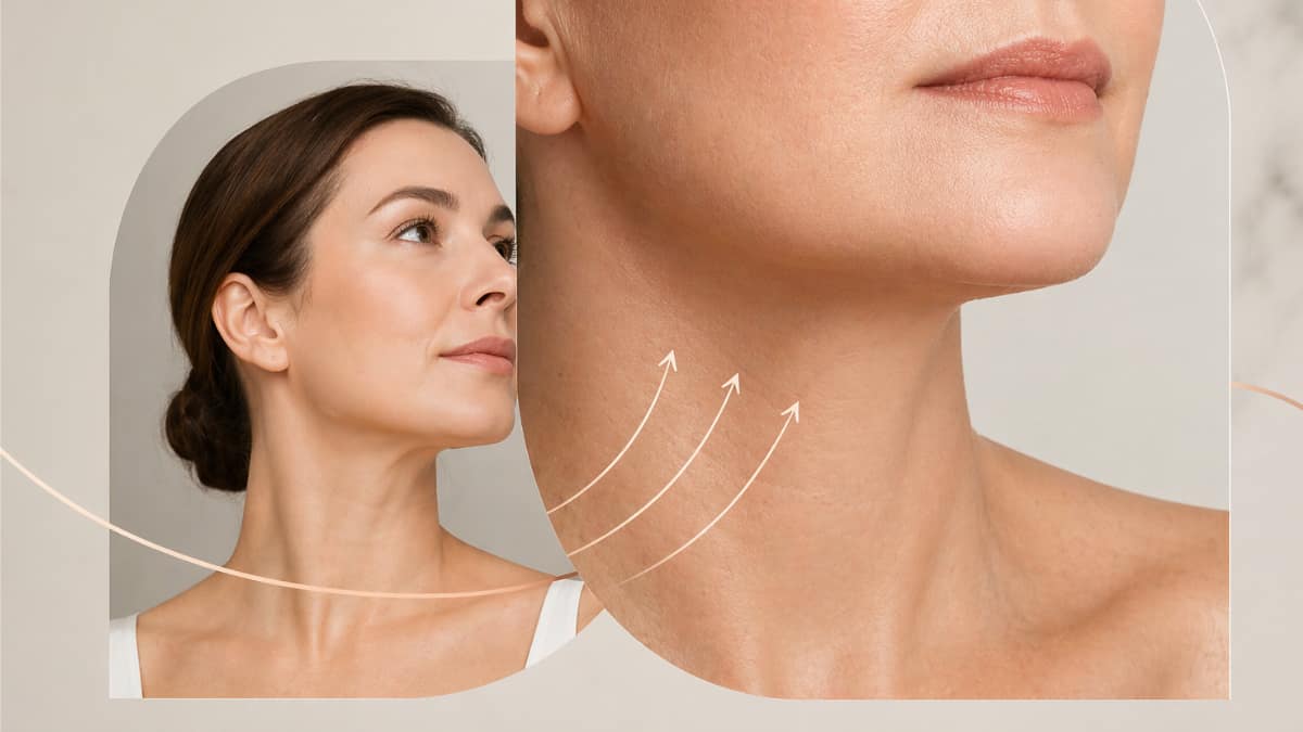 2 images of womans neck, concept of non-surgical vs surgical neck lift