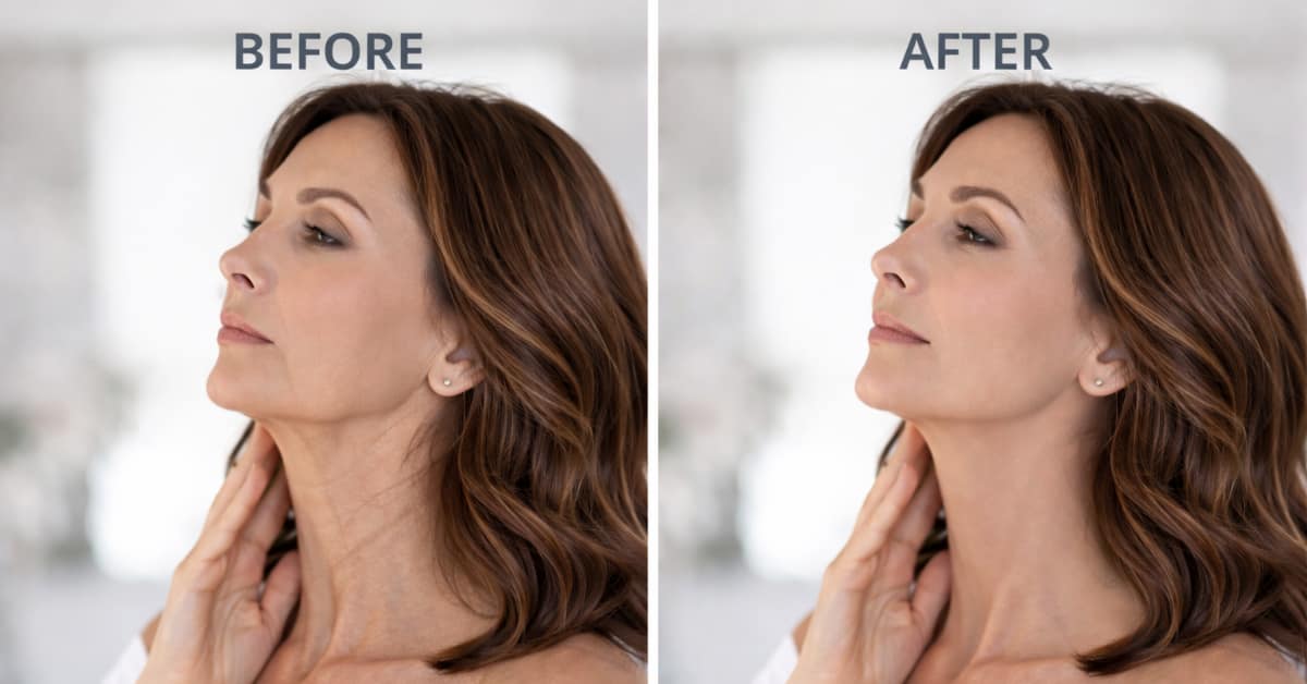 Before and after woman holding neck, concept of Why the Neck Ages Faster Than the Face