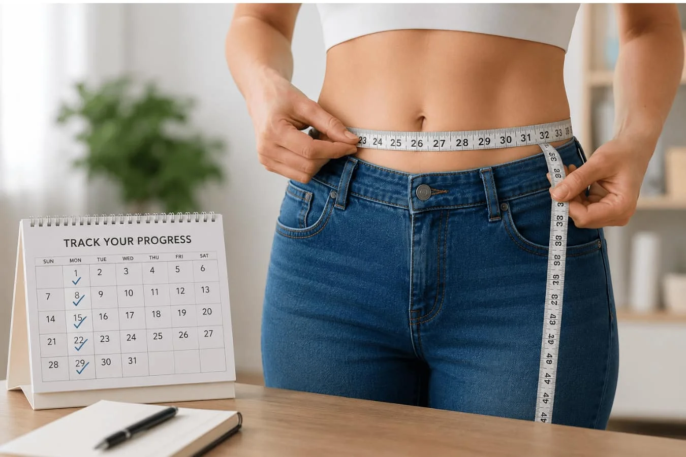 coolsculpting results timeline concept, waist, measuring tape and calendar
