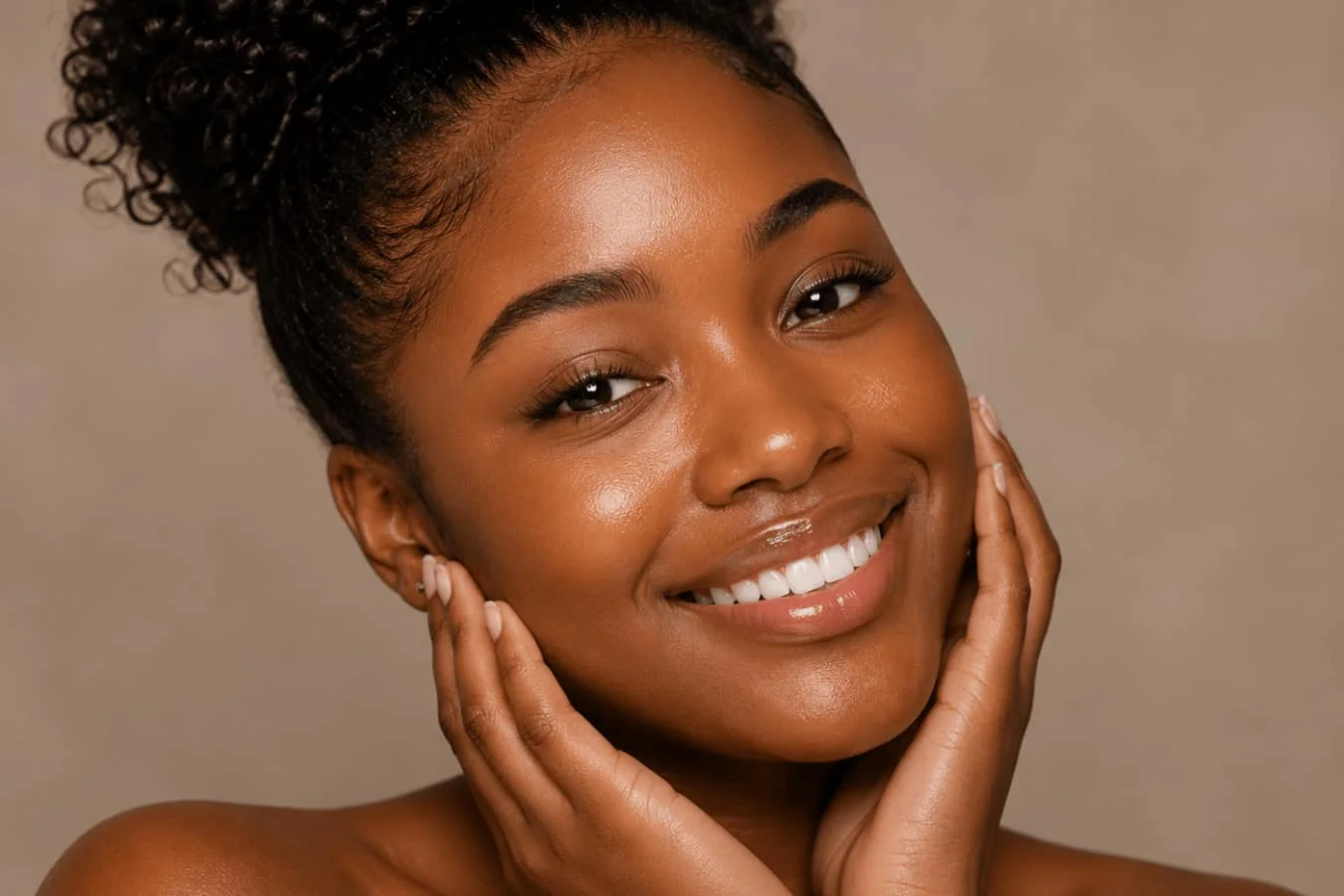 black woman cupping hands on cheeks, smiling after RF microneedling darker skin tones