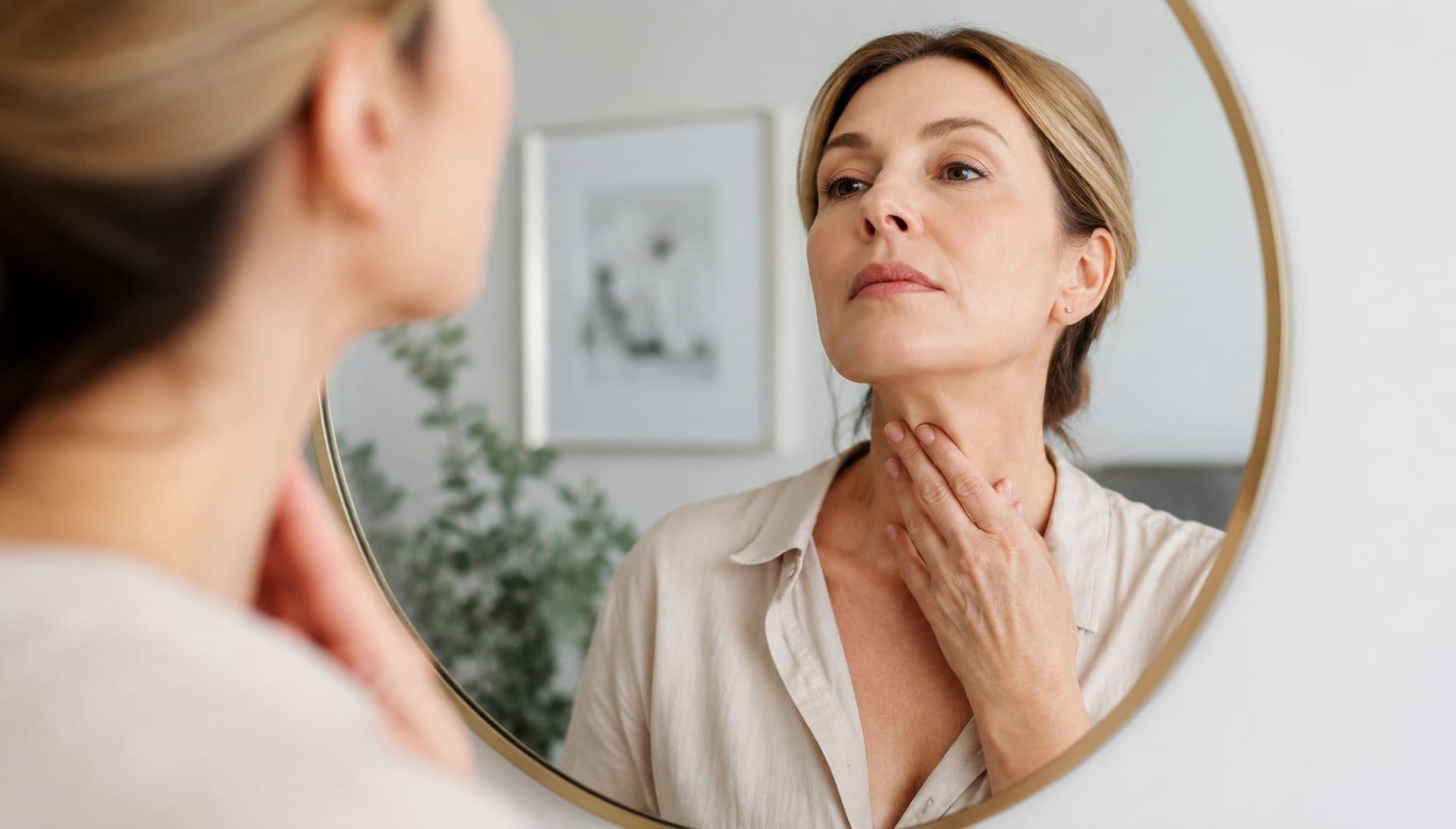 woman looking at neck questioning How Hormones and Weight Changes Affect Neck Aging
